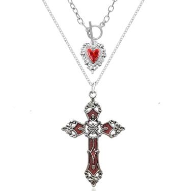 Imagem de Colar gótico em camadas para mulheres, colares vintage com pingente de cruz estilo punk colares de coração vermelho preto cristal gótico Y2k vampiro Halloween Victoria Mystic Witch Jewelry Accessories