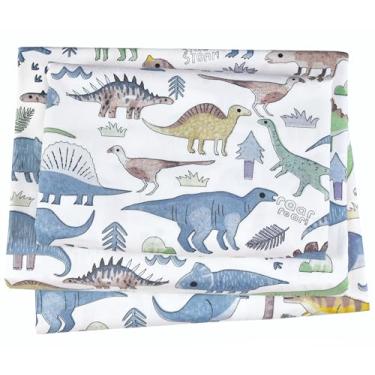 Imagem de J-pinno Jogo de lençol solteiro fofo de vários dinossauros na floresta, 100% algodão, 3 peças, para crianças, meninos, meninas, crianças, lençol de cima + lençol com elástico + fronha, decoração de