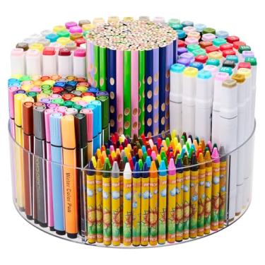 Imagem de Flytreal Organizador de canetas de acrílico para mesa, suporte giratório de 360 graus, organizador de armazenamento de materiais de arte de giz de cera, 6 compartimentos, transparente, grande, suporte
