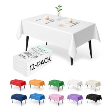 Imagem de Craft And Party Pacote com 12 toalhas de mesa brancas de plástico – Capas de mesa descartáveis de 137 x 272 cm para mesas retangulares, resistentes e à prova d'água para festas, eventos, banquetes