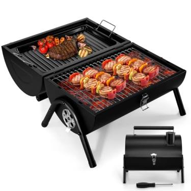 Imagem de Leonyo Churrasqueira portátil a carvão, churrasqueira pequena com bandeja e rack de alimentos, defumador de metal pequeno de mesa, ideal para acampamento ao ar livre, churrasqueira, piquenique