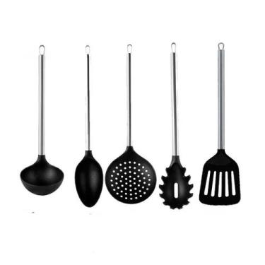 Imagem de Conjunto Kit Jogo Colheres Utensílios Nylon Cozinha Preto 5 Peças - Ho