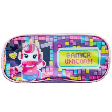 Imagem de Estojo Escolar 2 Compartimentos Unicórnio Gamer Meninas - Denlex