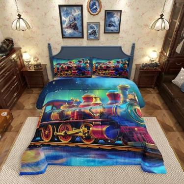 Imagem de Erosebridal Conjunto de cama casal com trem a vapor, trem aurora, conjunto de edredom para meninos e meninas, veículo de transporte ferroviário, luzes do norte, 3 peças, decoração de quarto