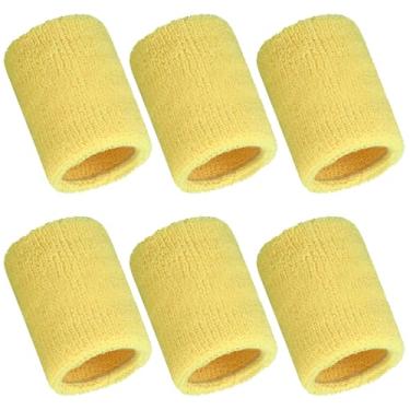 Imagem de 6 pulseiras esportivas esportivas absorventes de pulso para crianças, mulheres e homens, faixa de suor para tênis, basquete, futebol, corrida, ginástica, golfe, malhar (amarelo)