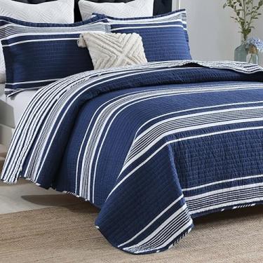 Imagem de SahSahCasa Colcha King Size, Conjunto de Colcha King, Conjunto de Cama 100% Algodão Colchas de Risca de Risca Reversível Leve Colcha para Cama King, Todas as Estações, Azul Marinho, 3 Peças
