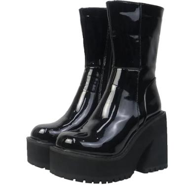 Imagem de Botas femininas de salto anabela plataforma com zíper punk botas de motocicleta salto alto bloco grosso bico redondo moda trabalho botas de combate cano médio para mulheres, A - patente Black Prime, 7