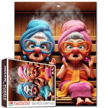 Imagem de Quebra-cabeça de mulher idosa tendo uma sauna, 1000 peças para adultos, roupão de banho e óculos, desafiador, jogos de atividades em família, descompressão, divertidos, brinquedos de entretenimento