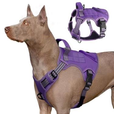 Imagem de Peitoral tático resistente para cães grandes, colete de serviço refletivo ajustável com alça de controle e 4 adesivos, peitoral militar acolchoado macio para treinamento, caminhada, caminhada (roxo, M