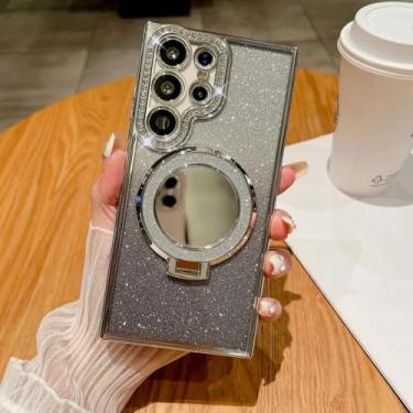 Imagem de HJZSZX para Samsung A15 Luxury Clear Glitter Case Espelho Magnético Suporte de Telefone Capa (para Samsung A15/Prata)