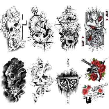 Imagem de Tatuagem temporária de caveira pirata para homens adultos, âncora de navio de esqueleto preto realista tatuagem de pirata falsa, para homens, bússola, flor, arma, rosa, grande temperatura, tatoo