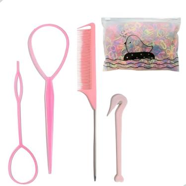 Imagem de Kit 4 Acessórios para Penteado Pente Agulhas e Tira Laço Baby Hair Penteado Infantil Penteado Adulto + 1 mil elástico descartáveis (liguinhas) (Rosa)