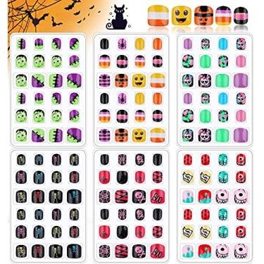 Imagem de Kalolary 144 peças de unhas postiças infantis de Halloween, pré-cola, autoadesivas, unhas postiças artificiais curtas, estampas de desenhos animados, capa completa, decoração de arte de unhas para