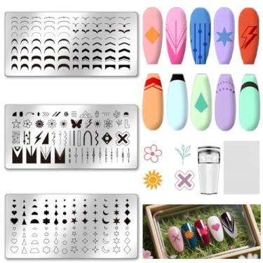 Imagem de UNICRAFTALE Conjunto de 3 peças de placas de carimbo de unha francês, linha francesa, renda, flor, coração, design, imagem, estêncil, arte de unhas, modelo de estampagem faça você mesmo com raspador