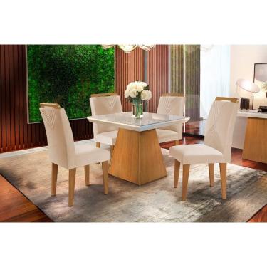 Imagem de Conjunto: Mesa de Cozinha Luna c/ Tampo Madeirado c/ Vidro Canto Curvo 90x90cm e 4 cadeiras Amsterdã Imbuia/Off White - Suede Creme - Rufato
