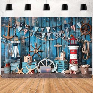 Imagem de Fundo de parede azul de madeira náutico aniversário iate rock festa foto cabine de fundo conchas navio vela roda capacete farol estrela do mar fundo festa de verão, 2,4 x 1,8 m