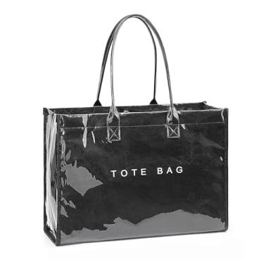 Imagem de Lushandy Bolsa de PVC para mulheres, bolsa grande de plástico para trabalho, papel kraft, impressão de letras, bolsa de ombro para carregar todas as bolsas Hobo, Preto, One Size