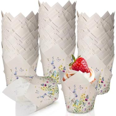 Imagem de Maxdot 300 peças de forros de cupcake de tulipa floral para assar outono flores silvestres muffin copos de assar, forros de muffin de tulipa para outono, dia de Ação de Graças, chá de bebê, decoração