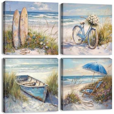 Imagem de Arte de parede de praia paisagem costeira decoração de parede natureza paisagem marítima imagem em tela tema náutico tropical azul barco prancha de surfe bicicleta pôster de palheta para sala de estar