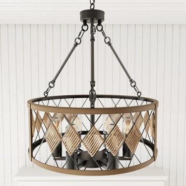 Imagem de Lustre de 50,8 cm Farmhouse preto e grão de madeira, 5 luzes 183 cm altura ajustável luminárias de sala de jantar sobre mesa, lustres rústicos para sala de jantar quarto foyer sala de estar cozinha