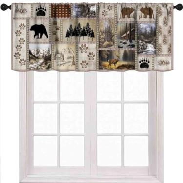Imagem de Country Lodge – Saia de cozinha, cabana rústica, urso, veado, vida selvagem, outono, floresta, animal, casa de fazenda, vintage, marrom, janela, cortinas curtas para quarto, sala de estar, café, 1