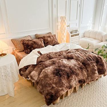 Imagem de Conjunto de edredom felpudo com 3 peças, tamanho Queen, conjunto de edredom luxuoso de pele sintética, conjunto de cama ultramacio e quente para o inverno (1 edredom + 2 fronhas, café com branco)