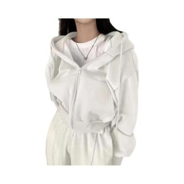 Imagem de Moletom Feminino Coreano Com Forro De Fleece, Manga Longa, Zíper, Crop