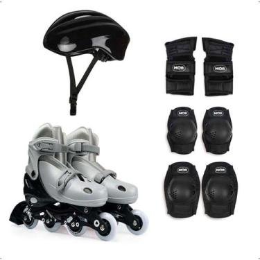Imagem de Kit Patins Cinza Tamanho M 34-37 Roller Joelheira e Capacete - Mor