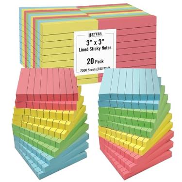 Imagem de Bloco de notas adesivas forradas, 7,6 x 7,6 cm, embalagem com 20 unidades, 2.000 folhas (100/bloco), notas autoadesivas com linhas, cores pastel, da Better Office Products, postes de lembretes, adesivo forte, 20 blocos na caixa