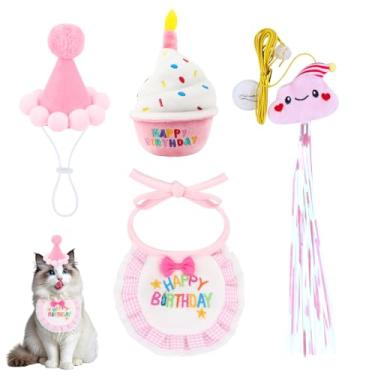 Imagem de Artigos de festa de aniversário para gatos – 4 peças de chapéu de aniversário de gatinho, babador bordado, brinquedo de bolo e varinha de provocação, fantasia rosa fofa para gatos e gatinhos, roupas