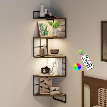 Imagem de WOPITMER Prateleiras flutuantes de canto com luzes – prateleira de canto de 5 camadas montada na parede, estante com luz LED, prateleiras flutuantes para parede, prateleira de exibição para quarto