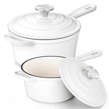 Imagem de E-far Conjunto de panela de molho com tampa, conjuntos de panelas de ferro fundido esmaltado de 1 litro e 2 litros para cozinhar na cozinha, panelas de forno holandesas pequenas e resistentes e tampas