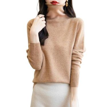 Imagem de Suéter feminino de gola alta Chanyarn 100% lã merino cáqui