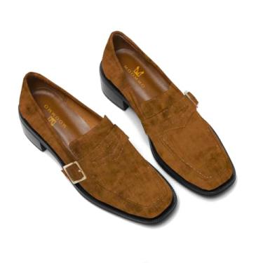 Imagem de MOOMMO Mocassins Femininos Clássicos Penny Fechados Bico Quadrado Patenteado Mocassins de Salto Baixo Fivela de Metal 5 cm Salto Grosso Confortável Escritório Senhoras Clássico Mocassim Tamanho 4-9 M