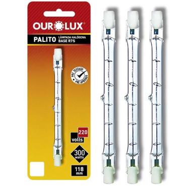 Imagem de 3 Lâmpadas Halógena Palito 300w Base R7s 220v 118mm Ourolux Cor da Luz