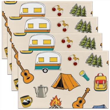 Imagem de Manfei Conjunto de 4 jogos americanos Happy Camping, acessórios de barraca de trailer, tapetes de mesa para crianças, meninos, meninas, tema de aventura, para decoração de mesa de jantar de cozinha