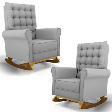 Imagem de Kit 02 Poltronas de Amamentação Base Madeira Balanço Brenda G05 Veludo Cinza - Mpozenato