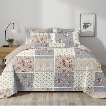 Imagem de ITFRO Conjunto de colcha de retalhos floral King 264 x 234 cm com 2 fronhas para todas as estações, colcha de cama aconchegante de microfibra para roupa de cama festiva boêmia, decoração de casa