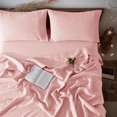 Imagem de LBRO2M Jogo de lençol 100% linho, bolso profundo de 40,6 cm, conjunto de lençóis de cama de 4 peças, lençóis de linho natural de cor sólida, roupa de cama macia e respirável, todas as estações (casal