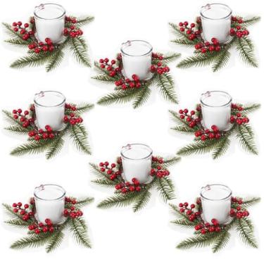 Imagem de Anel de vela de Natal artificial de pinheiro e baga, mini guirlanda de férias com frutas vermelhas, agulhas de pinheiro verde, decoração festiva tradicional (8)