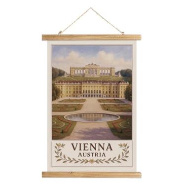 Imagem de Pôster de arte de parede Vienna Áustria, impressão vintage de viagem com marco do palácio de Schönbrunn, pergaminho para pendurar em tela de linho com moldura de madeira, decoração de cidade europeia