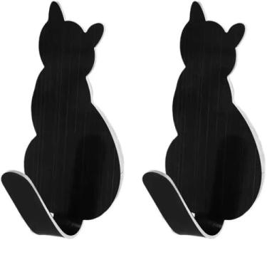 Imagem de Cabideiro, 2 peças, porta-chaves de aço inoxidável, toalheiro, ganchos adesivos, ganchos de parede decorativos de gato fofo para quarto, chapéu, banheiro, cozinha, cabideiro, suporte de parede (preto)