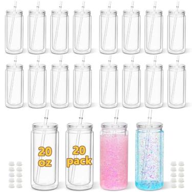 Imagem de Maucircol Copo de globo de neve de acrílico de 590 ml, pacote com 20 copos de globo de neve de plástico pré-perfurado de parede dupla para globo de neve com glitter, com tampa transparente