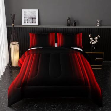 Imagem de Conjunto de cama casal vermelho e preto, abstrato, ombré, conjunto de cama para meninos adolescentes, 3 peças em um saco, conjunto de colcha escura, decoração de arte leve, todas as estações com