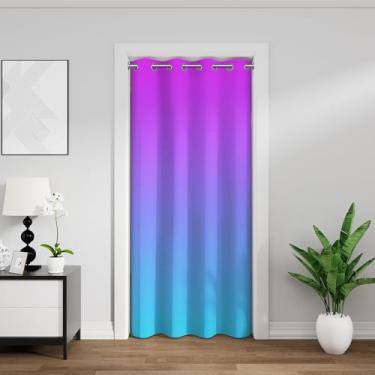 Imagem de Cortina de porta ombré azul roxa para porta privacidade gradiente cor moderna abstrata cortina divisória de quarto arte simples clássica cortina de armário com isolamento térmico para porta de armário