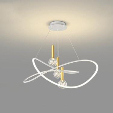 Imagem de Lustre LED redondo de 23,6" com anel circular dourado, luminária pendente moderna regulável, luminária de teto nórdica branca com cordão de vidro para mesa de jantar, ilha de cozinha, quarto