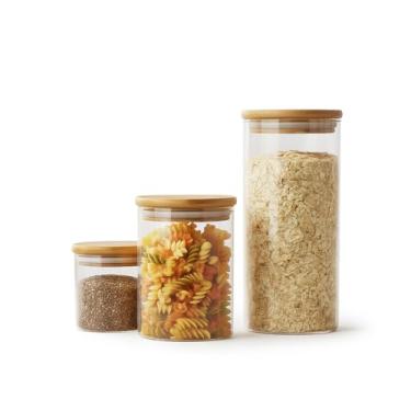 Imagem de Kit 3 Potes Herméticos Vidro e Tampa de Bambu Combinação De Vidro Borossilicato Tampa De Bambu E Silicone Tempreros Granola Cereais Condimentos em Geral 100% Livre De BPA 3 Peças 600ml/1L/1,5L
