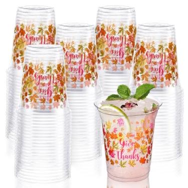 Imagem de HSLCGF 60 peças de copos de festa de Ação de Graças de 355 ml, copos de plástico descartáveis de plástico transparente com folhas, copos de outono, suprimentos de festa para cerveja, bebidas, sorvete,