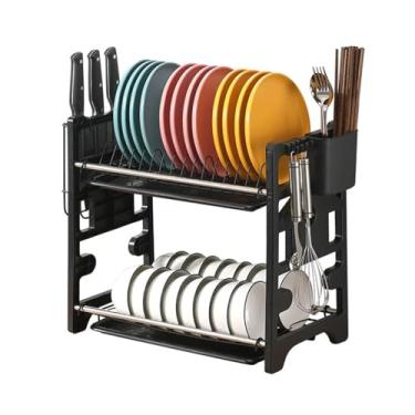 Imagem de WZYCLTT Escorredor de pratos com bandeja coletora, escorredor de pratos de 2 camadas com suporte de utensílios, organizador de bancada com drenagem, rack organizador para balcão de cozinha