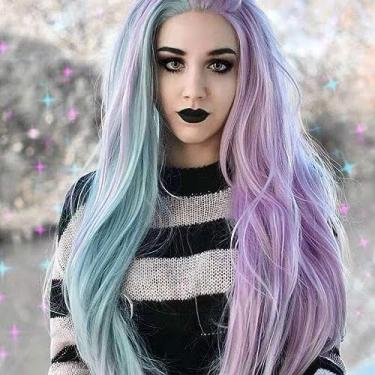 Imagem de Angle Lucky Peruca feminina de cosplay com renda frontal, longa, reta, metade azul, metade rosa, 2 cores, sintética rosa, azul, sereia, fibra resistente ao calor, cabelo premium para uso diário
